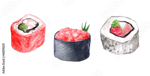 Set of watercolor illustrations of sushi and rolls. Gunkan, philadelphia, california, roll with salmon, avocado and cucumber. Fish and seafood, caviar.