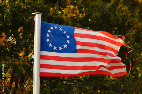 The Betsy Ross flag flies in an allotment garden. photo