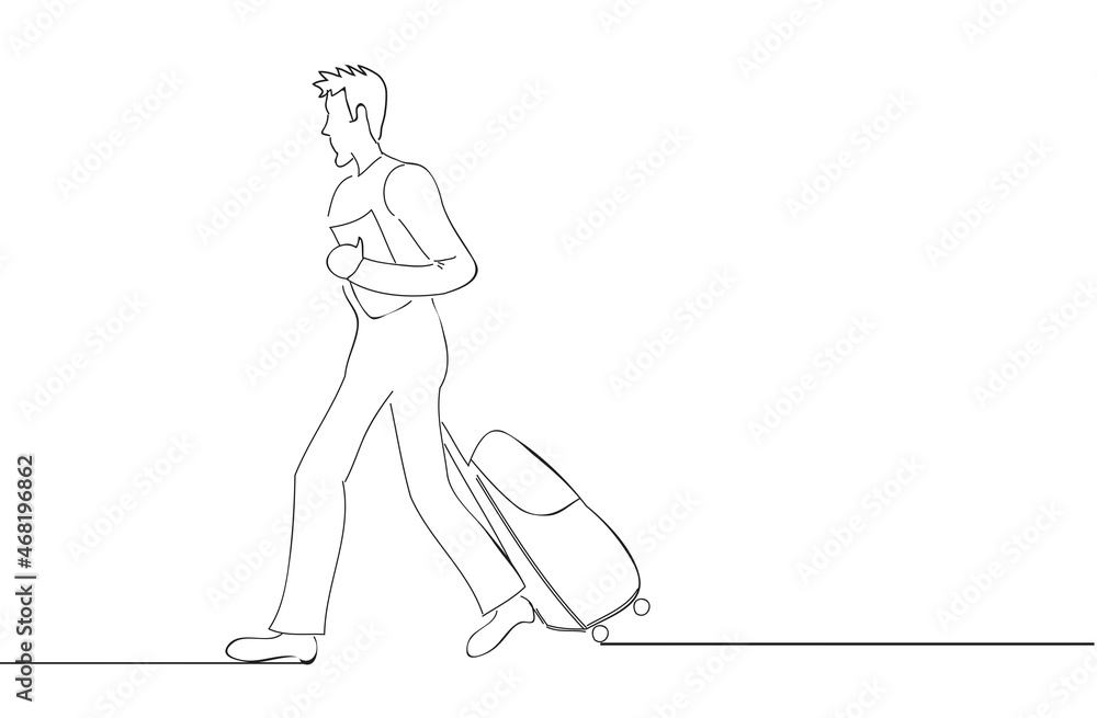 Businessman walking with travel suitcase and holding folder. For web site, ad, marketing, poster, travel agency and magazine. Creative business concept, vector illustration Businessman walking with travel suitcase and holding folder. For web site, ad, marketing, poster, travel agency and magazine. Creative business concept, vector illustration