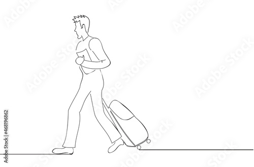 Fototapeta Naklejka Na Ścianę i Meble -  Businessman walking with travel suitcase and holding folder. For web site, ad, marketing, poster, travel agency and magazine. Creative business concept, vector illustration