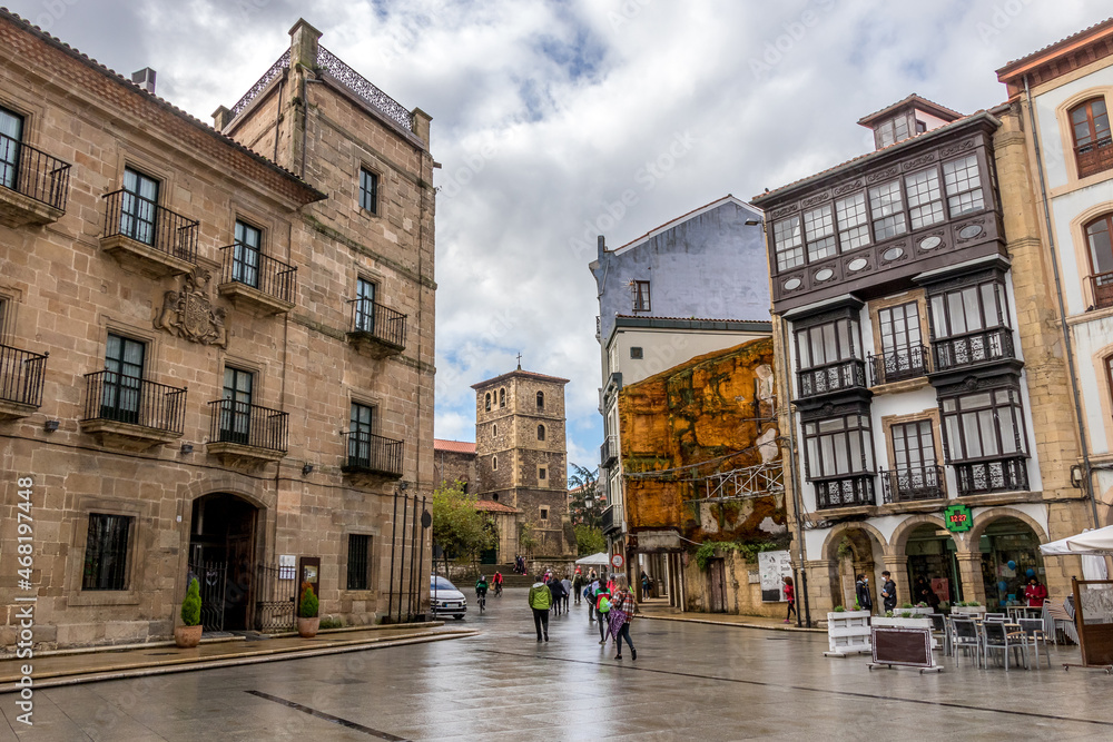 Aviles - Spain. City Streets, Colegio San Nicolás de Bari, Iglesia de Santo Tomás de Canterbury, sidrerias. Beautiful city streets in Aviles - Spain