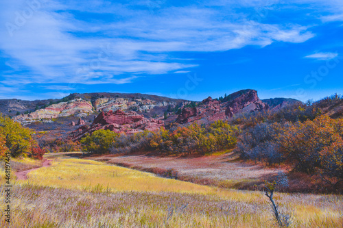 Landscape of Roxborough State Park in Colorado, USA under a cloudy sky photo