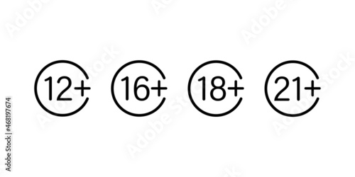 12, 16, 18, 21 plus icon set. Forbidden age flat circle warning collection.