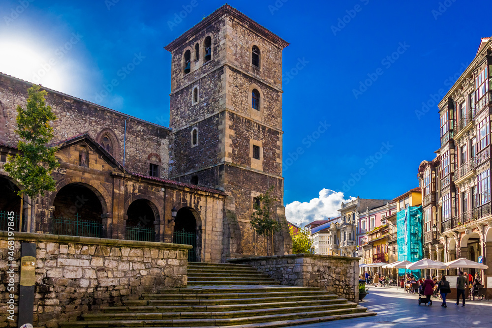 Aviles - Spain. City Streets, Colegio San Nicolás de Bari, Iglesia de Santo Tomás de Canterbury, sidrerias. Beautiful city streets in Aviles - Spain
