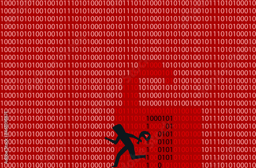 Data breach illustration, a thief running away with secure information illegally hacked from computer