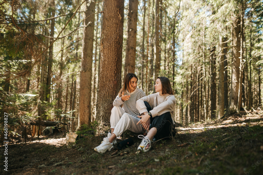 Fototapeta premium Two tourist friends are sitting in the woods and talking with smiles on their faces against the backdrop of a beautiful landscape.