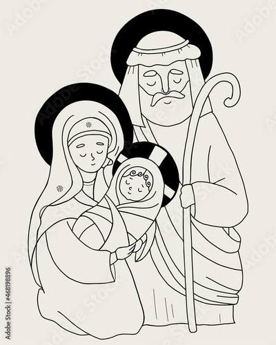 Nativity of Jesus Christ. Vector illustration of Holy Family - Virgin Mary, old man Joseph and baby Jesus. Linear hand draw, outline. Merry Christmas greeting card, For design, decoration and printing