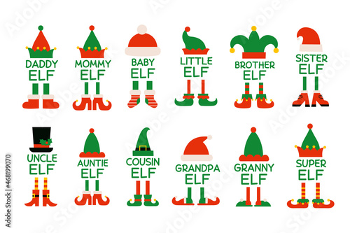 Cartoon elf family isolated Christmas monograms. Elf or gnome hat and shoes. Brother elf, sister, mommy, daddy. Baby elf. Isolated vector illustrations