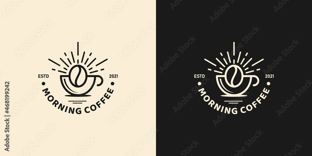Fototapeta premium Coffee with sunrise. Coffee morning, coffee cafe logo illustration design template