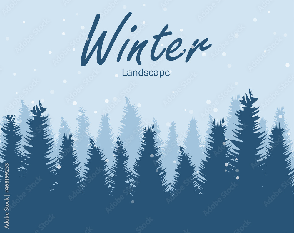 Fototapeta premium Pine trees in the sky background. Winter snowy landscape posters. vector illustration modern flat design.