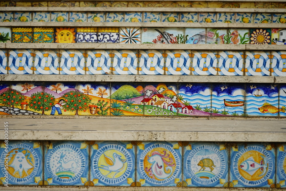 Typical sicilian painted majolica over the stairs - obrazy, fototapety, plakaty 