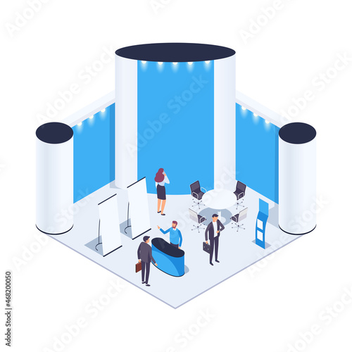 Isometric exhibition hall. Isometric exhibition hall with people. 3d promotional stands. Exposition booth. Blank mockup. Vector illustration. photo