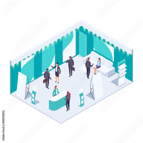 Isometric exhibition hall. Isometric exhibition hall with people. 3d promotional stands. Exposition booth. Blank mockup. Vector illustration. photo