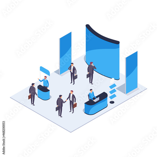 Isometric exhibition hall. Isometric exhibition hall with people. 3d promotional stands. Exposition booth. Blank mockup. Vector illustration.