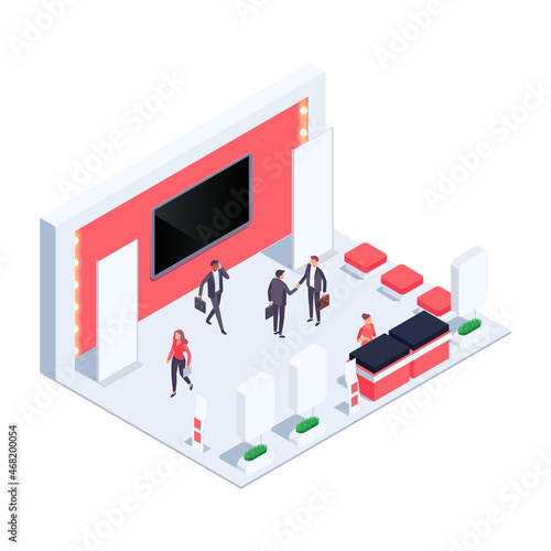 Isometric exhibition hall. Isometric exhibition hall with people. 3d promotional stands. Exposition booth. Blank mockup. Vector illustration.