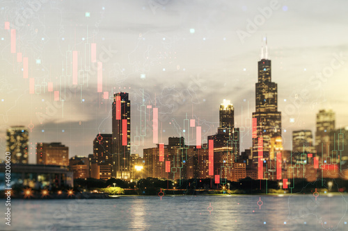 Economic crisis chart and world map hologram on Chicago cityscape background, bankruptcy and recession concept. Multiexposure