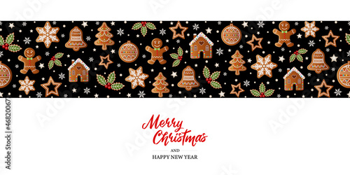 Christmas background with gingerbread cookies. seamless banner with gingerbreads.