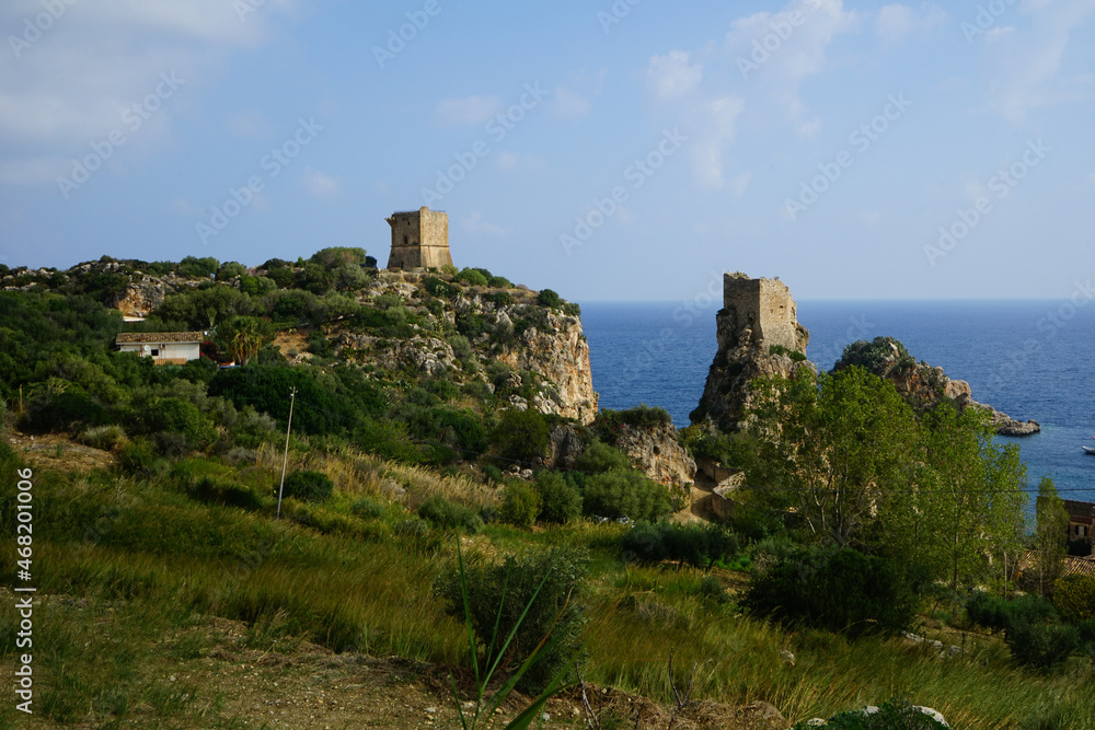 Scopello towers view on a summer day, Castellammare del Golfo, Trapani, Sicily, Italy