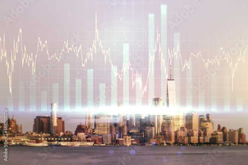 Multi exposure of virtual creative financial chart hologram on New York skyscrapers background, research and analytics concept