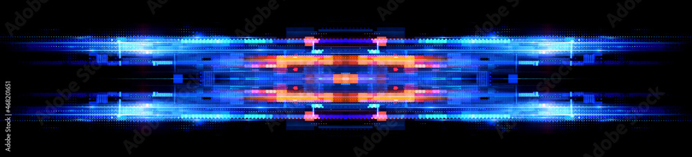 Vivid digital cyber board. Glowing energy blocks..Shining empty space. Magic neon forms. Shape of light..Led platform on arena. Colorful dynamic lines. Fantasy ui..Glint bright scene. Futuristic hud