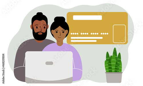 Modern couple with laptop. Progressive men and women use laptops to order, pay or buy online with a credit card