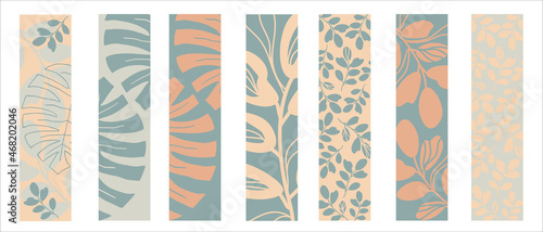 Set of vector bookmarks. Abstract tropical leaves and branches . Design in pastel colors. Can be used background, banner. 