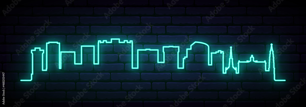 Fototapeta premium Blue neon skyline of Charleston. Bright Charleston City long banner. Vector illustration.