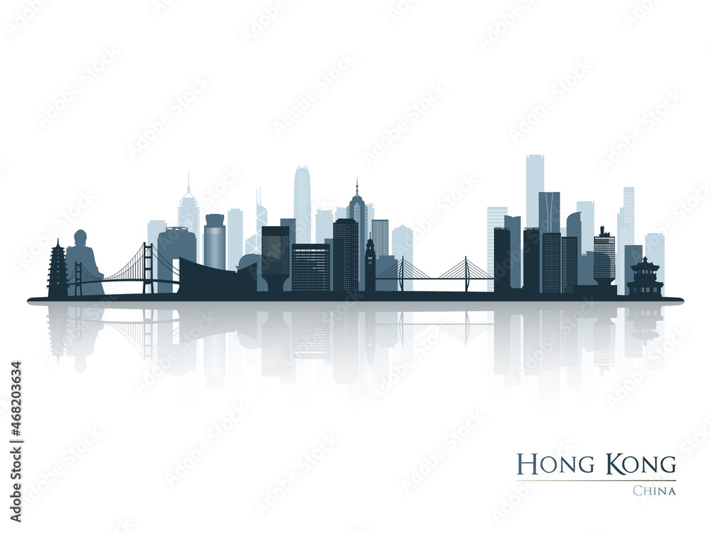 Fototapeta premium Hong Kong skyline silhouette with reflection. Landscape Hong Kong, China. Vector illustration.