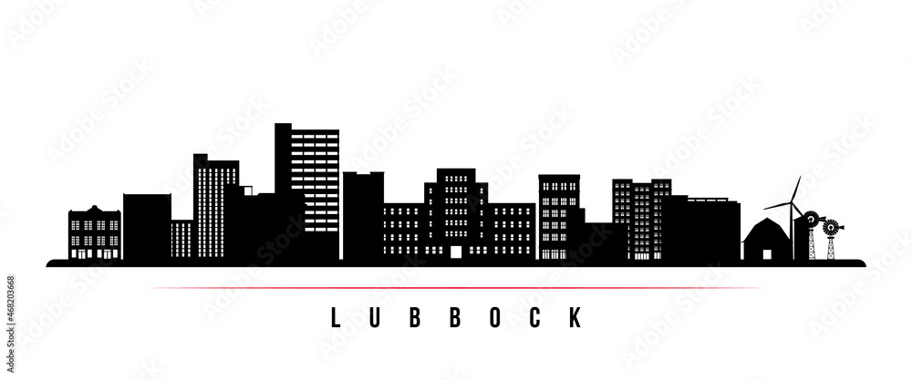 Lubbock skyline horizontal banner. Black and white silhouette of Lubbock, Texas. Vector template for your design.