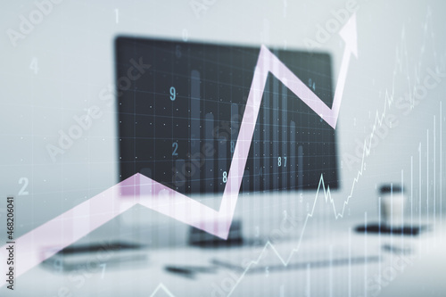 Double exposure of abstract creative financial chart with upward arrow on laptop background, research and strategy concept