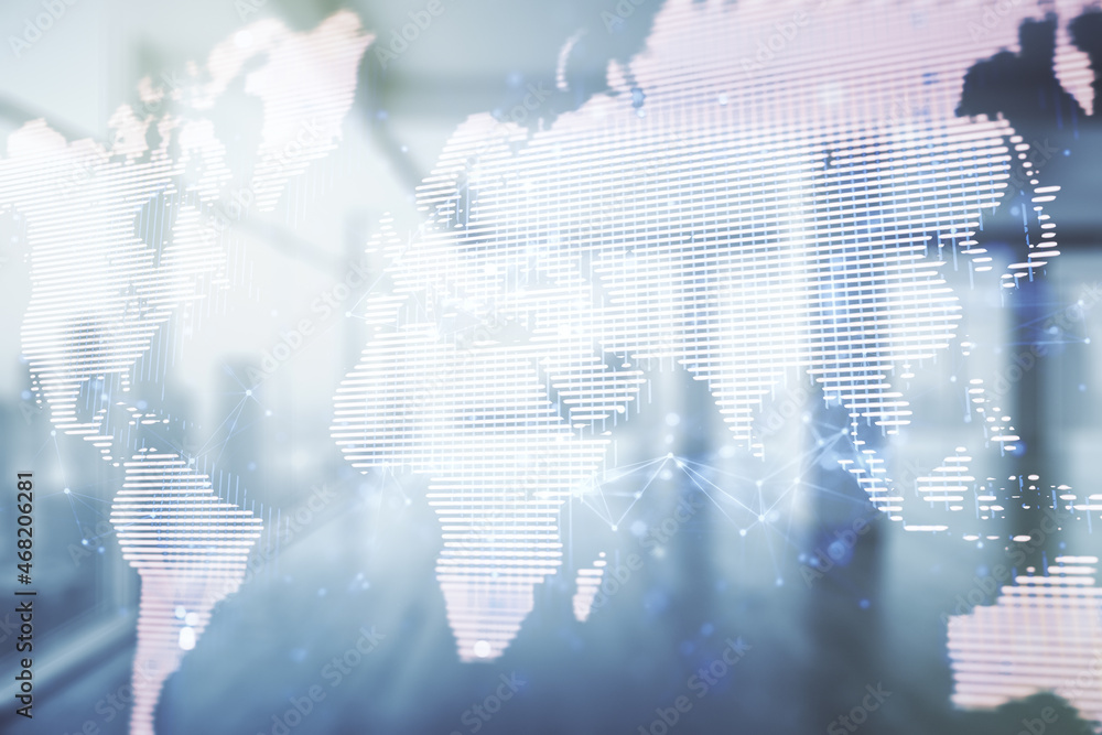 Multi exposure of abstract graphic world map on modern interior background, big data and networking concept Multi exposure of abstract graphic world map on modern interior background, big data and networking concept