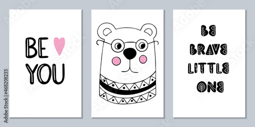 Set of Scandinavian monochrome posters with animals and captions. Black and white wall art to decorate a child's room