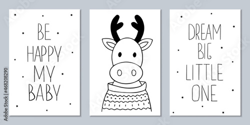 Set of Scandinavian monochrome posters with animals and captions. Black and white wall art to decorate a child's room