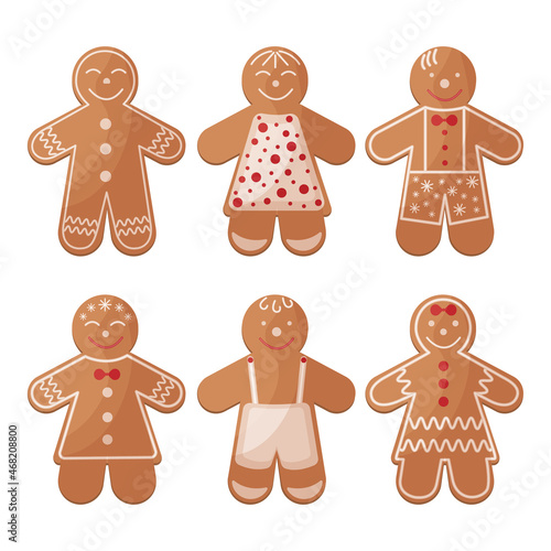 Cute Christmas set with gingerbread. New Year gingerbread in the shape of little men Festive pastries. Christmas cookies in the shape of a man. Vector illustration isolated on a white background