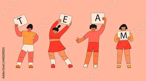 Young people standing and holding banners or placards with letters. Team sign. Advertising, meeting, teamwork concept. Group of men and women. Cartoon characters. Hand drawn trendy Vector illustration