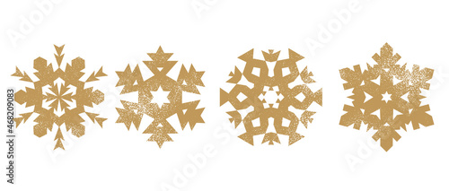 Snowflake Collection. Snow Symbol. Merry Christmas. December Holiday. Winter Pattern. Happy New Year. Set of Golden Snowflakes. Gold Frozen Snow on White. Vector Rough Flakes. Grunge Snow Crystal.
