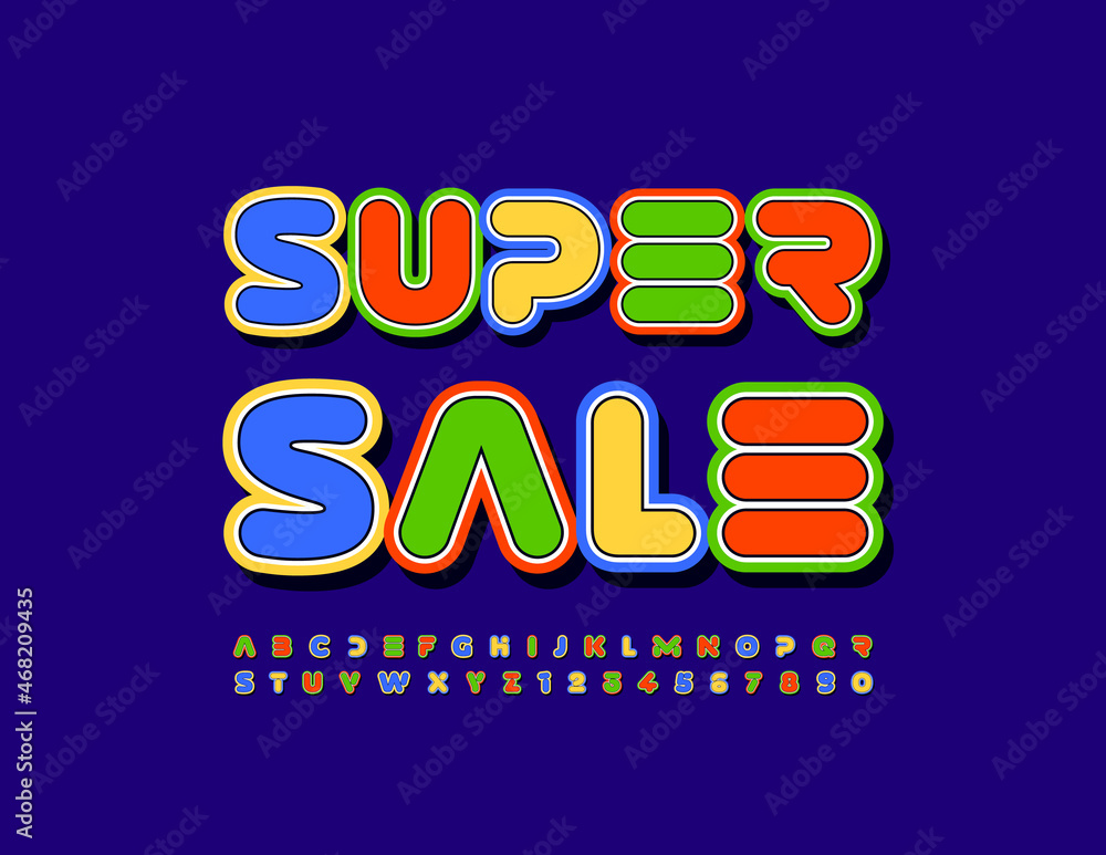 Vector modern promo Super Sale. Colorful abstract Font.  Creative set of Alphabet Letters and Numbers