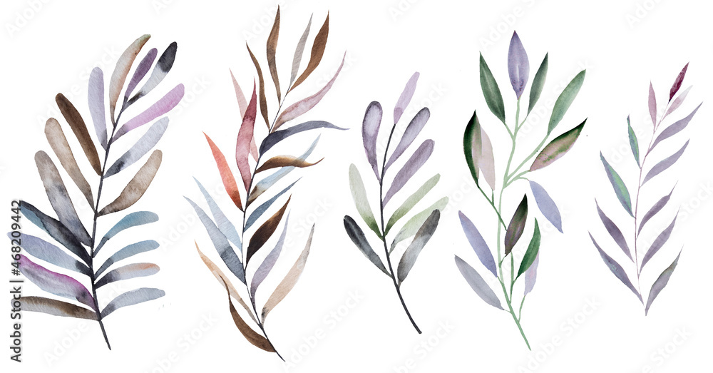 Winter Watercolor blue, pink and purple leaves set Winter Watercolor blue, pink and purple leaves set