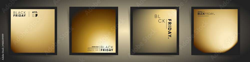Golden blurred black gradient square cover template design set for premium black Friday sale poster, social network posts, presentation. Smooth gold light gradient fashion sale promo concept.