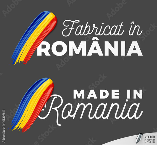 Vector logos on a dark grey background : "Fabricat în România", "Made in Romania"