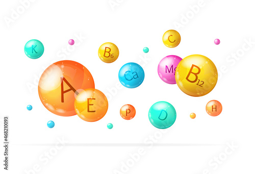 Realistic Detailed 3d Falling Vitamin and Mineral Background Card. Vector