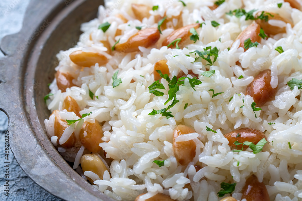 Traditional delicious Turkish food; Almond rice pilaf (Turkish name; Bademli pirinc pilavi) Traditional delicious Turkish food; Almond rice pilaf (Turkish name; Bademli pirinc pilavi)