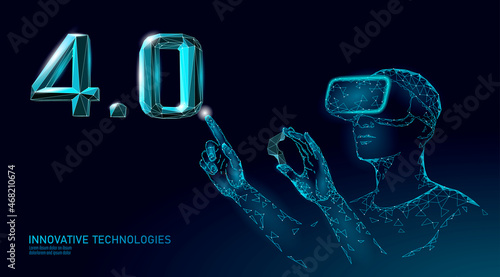 Low poly future industrial revolution concept. Industry 4.0 number assembled VR helmet glasses. Online augmented reality industry management. 3D polygonal innovation system vector illustration photo