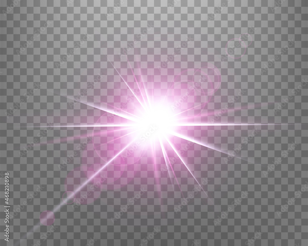 Sunlight lens flare, sun flash with rays and spotlight. Pink glowing burst explosion on a transparent background. Sunlight lens flare, sun flash with rays and spotlight. Pink glowing burst explosion on a transparent background.