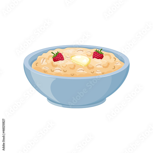 Oatmeal with raspberries in blue plate. Healthy breakfast.