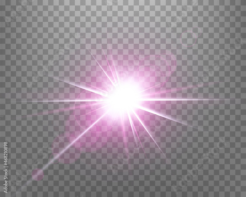 Sunlight lens flare, sun flash with rays and spotlight. Pink glowing burst explosion on a transparent background.