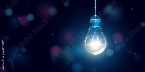 Wireframe polygonal lightbulb. Internet technology network, business idea concept with glowing low poly bulb. photo