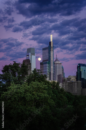 Philadelphia Skyline with Purple Sky and Full Moon