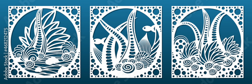 Decorative panels laser cnc cut stencil. Paper cut, wall art, coasters, room privacy screen, tile for home interior design. Underwater world, seashells, weeds and reefs. Vector illustration