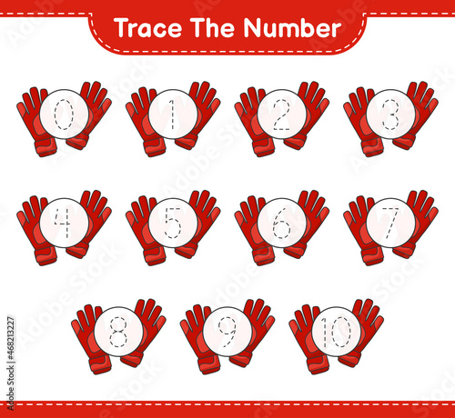 Trace the number. Tracing number with Goalkeeper Gloves. Educational children game, printable worksheet, vector illustration